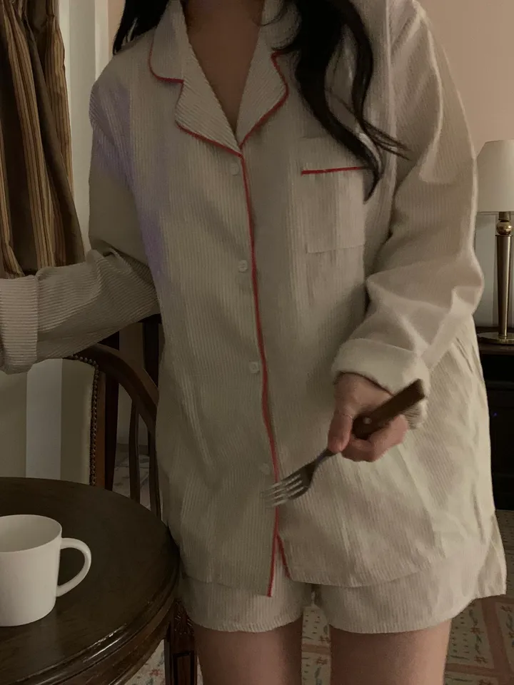 [커플잠옷][2000장돌파] timeless pajamas set 긴팔 반바지 잠옷 세트 베이지 상세 이미지 8