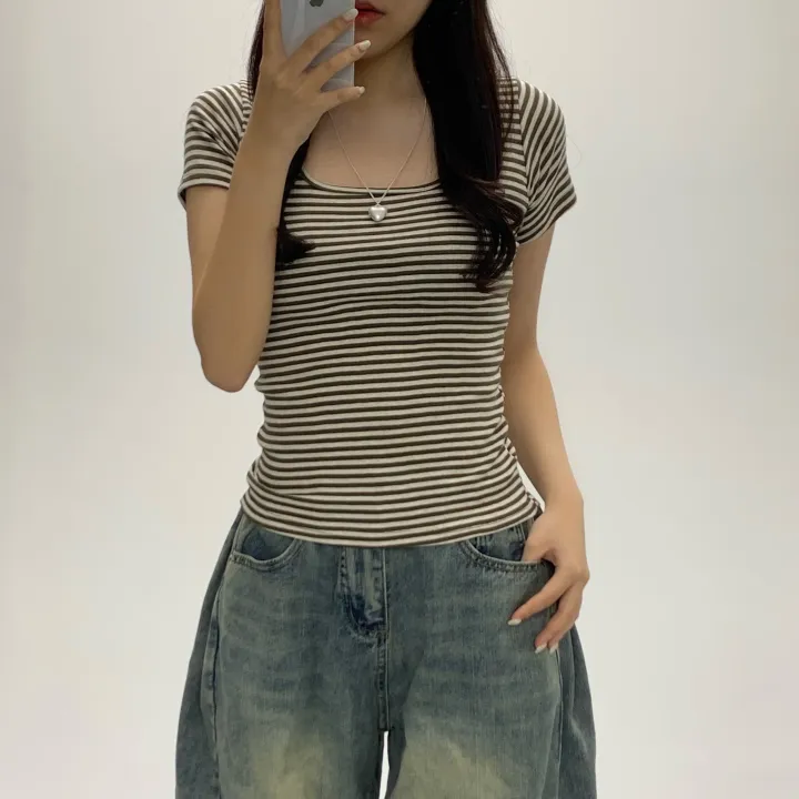 [슬림여리핏/핏보장] 제나 라운드 줄무늬 단가라 반소매티셔츠 여름반팔 기본티셔츠 (3Col) 상세 이미지 2