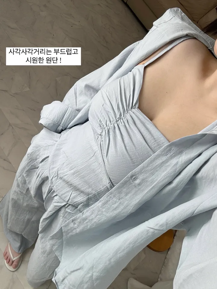[체형커버/쓰리피스]오버핏 셔츠 스모크 밴딩 나시 와이드팬츠 쓰리피스 세트 상세 이미지 2