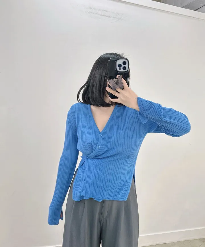 [빅사이즈/봄 필수템🌸] 반해 버튼 브이넥 골지 슬림 사선 가디건 상세 이미지 26