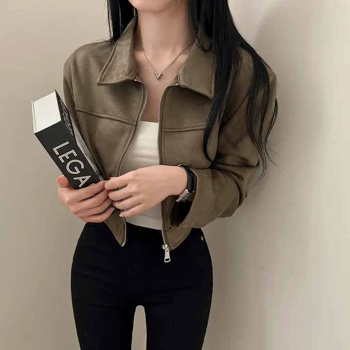 [어깨패드O] 어텀 스웨이드 절개 카라 크롭 자켓 집업 상세 이미지 15