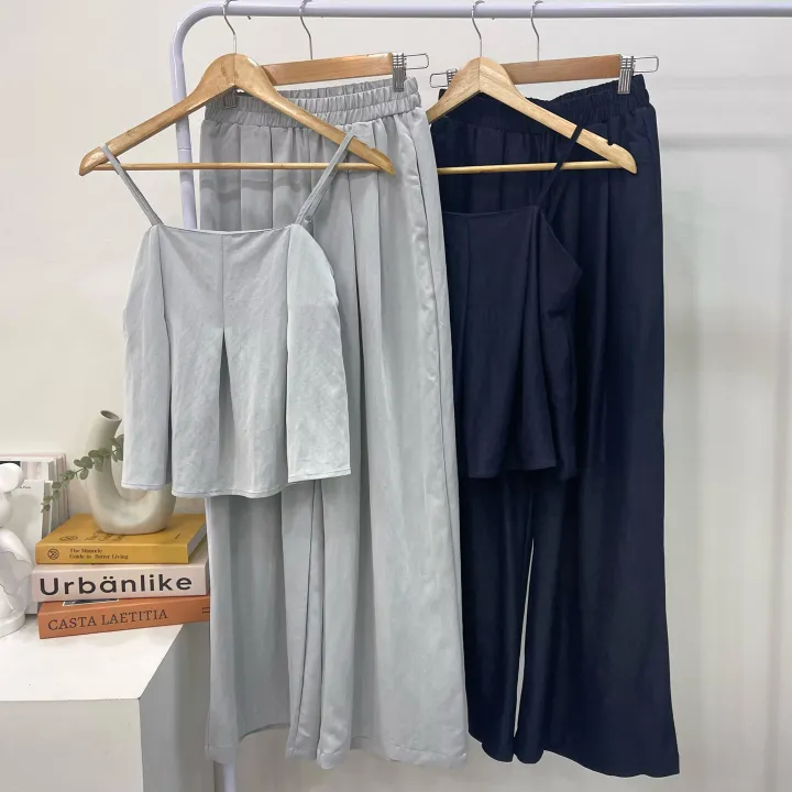 [봄여름/set]*무지* 프릴 뷔스티에 세트 나일론 레이온 프리사이즈 고급스러운 와이드롱팬츠 핀턱 밴딩 바지 드라이클리닝 끈나시 끈조절 데일리 기본 코코바지세트 2color 상세 이미지 10