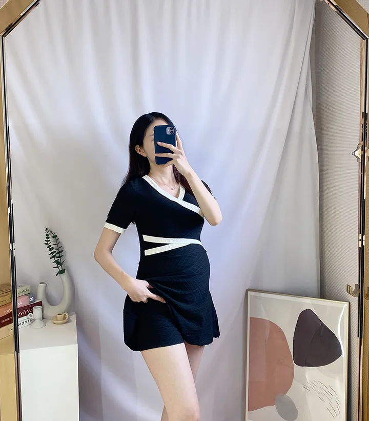 [속바지세트/3size] 클래식 배색 랩 원피스 수영복 반팔 빅사이즈 모노키니 만삭 임산부 태교여행 임부복 상세 이미지 8