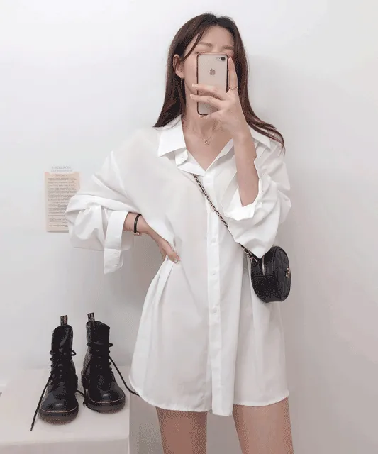 [🚀오늘!!당일발송🚀남친셔츠핏!개강룩] 실크 원피스같은 오버핏 셔츠 원피스 남방