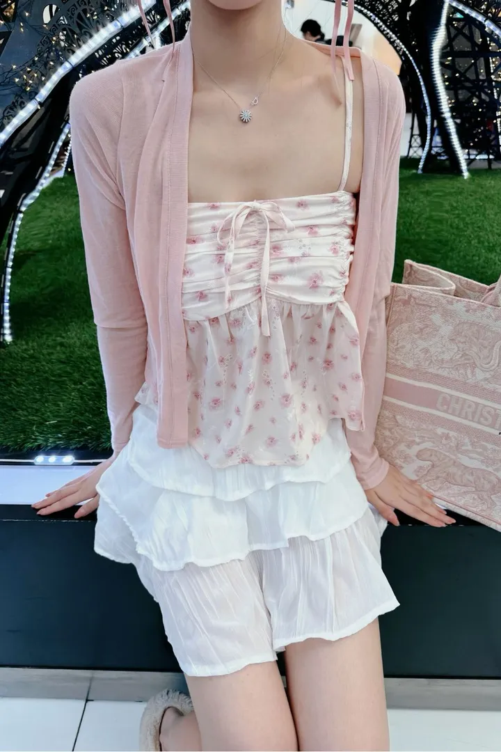 [진짜예쁨💕]셔링 플라워 나시 가디건 셋트 봄데이트룩 상세 이미지 12