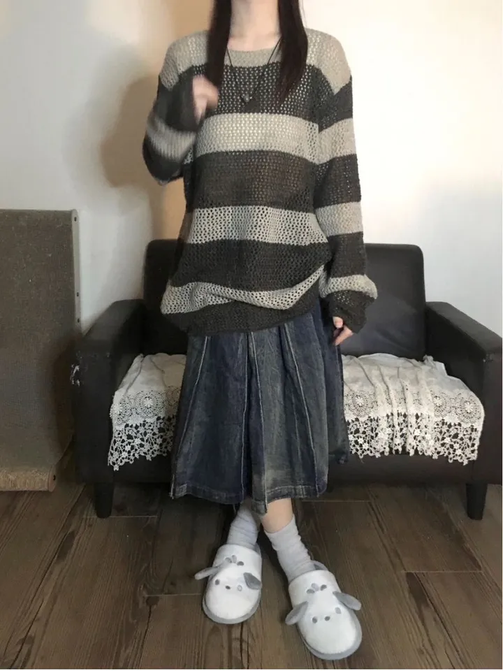 미디 기장 빈티지 워싱 플리츠 데님 스커트 상세 이미지 7