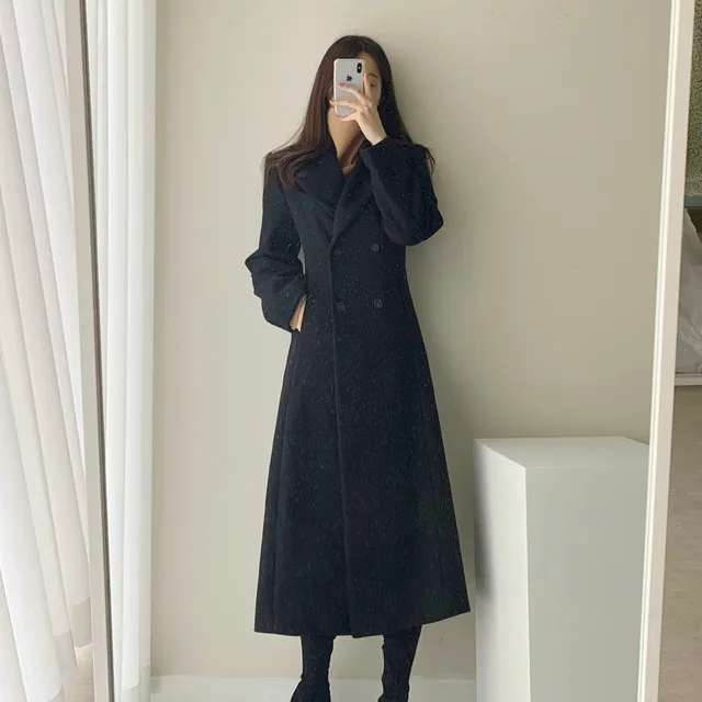 A라인 슬림 롱 플레어 더블 버튼 울코트 블랙 베이지 상세 이미지 25
