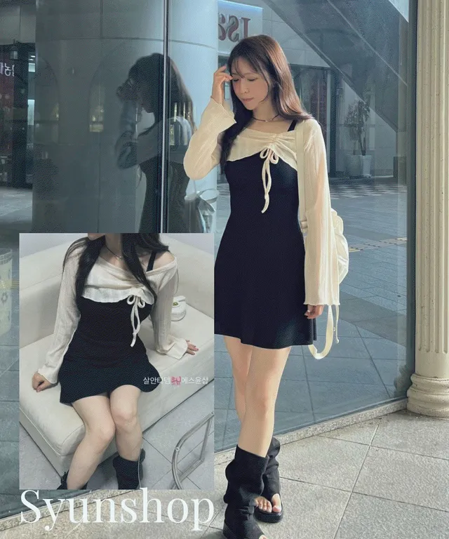 [여리핏/여친룩]미니원피스+ 살안타템 볼레로 세트 투피스  민소매원피스  셔링 크롭 볼레로 데이트룩
