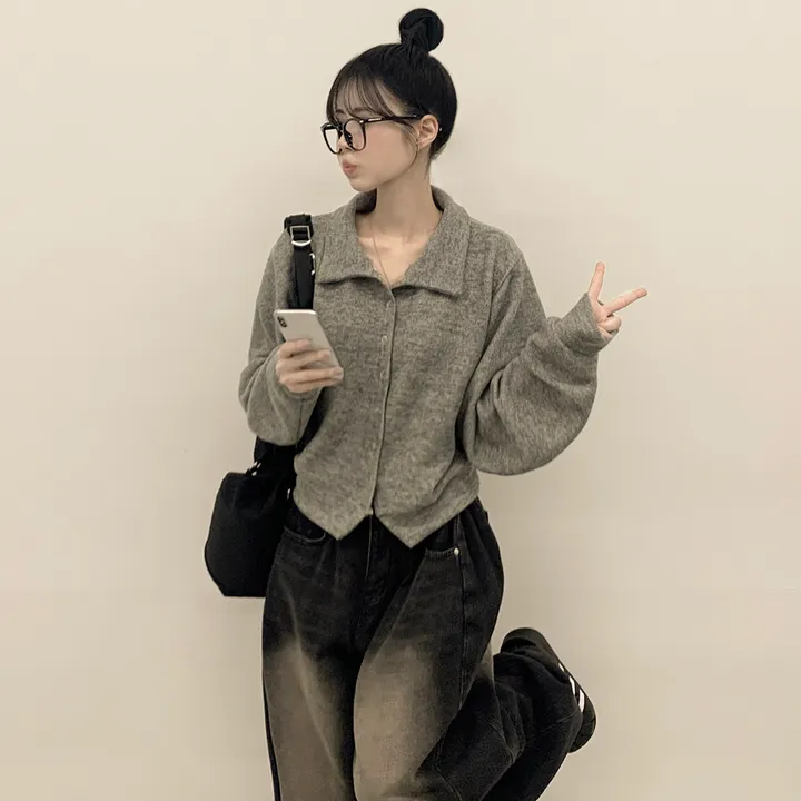 [보들보들🖤/귀여움] 아방핏 카라 스냅 단추 긴팔 세미크롭 벌룬가디건 상세 이미지 10