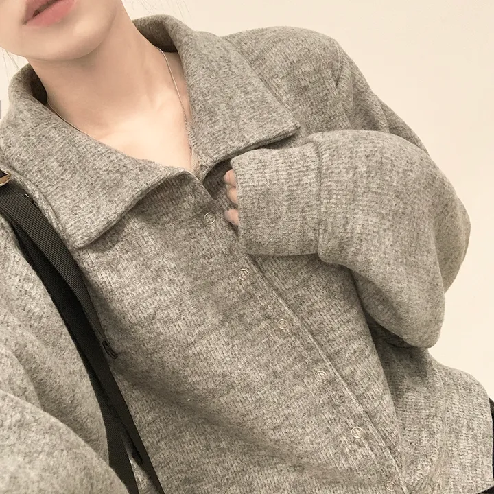 [보들보들🖤/귀여움] 아방핏 카라 스냅 단추 긴팔 세미크롭 벌룬가디건 상세 이미지 6
