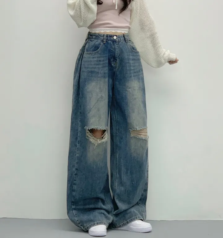 당일🚀[숏,롱/~XL/찐인생바지] 슬릿 찢청 폴딩 빈티지워싱 벌룬핏 옆핀턱 와이드팬츠 무릎트임 데님 청바지 기장선택 빅사이즈까지 오버핏팬츠 여름청바지 상세 이미지 24