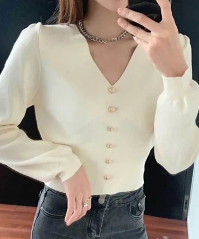 브이넥 HH 버튼 긴팔 니트 금장 D52 여자긴팔티