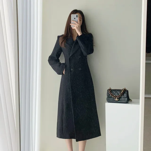 A라인 슬림 롱 플레어 더블 버튼 울코트 블랙 베이지 상세 이미지 17