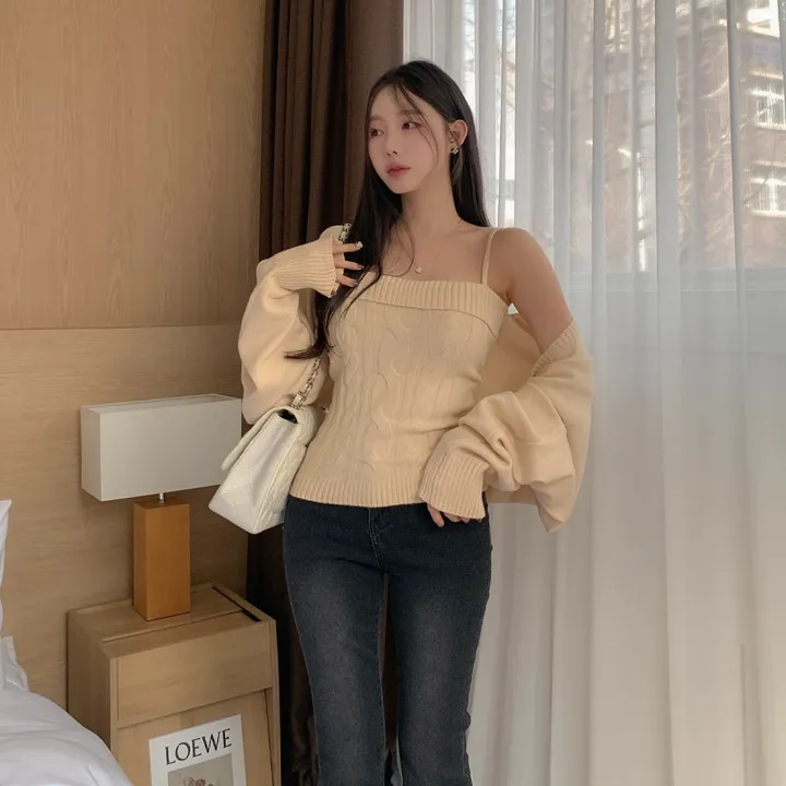 [찐애정템ㅠ고퀄버전*나시볼레로setෆ부유방삭제핏] 빈츠 꽈배기 끈나시 + 루즈핏 긴팔 볼레로 세트 니트 탑 나시 크롭 볼레로 가디건 스판 긴팔 투피스 세트 봄 가을 데일리룩 데이트 상세 이미지 21