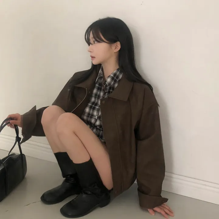 [고급레더!핏보장🤎]매트 무광 오버핏 가죽 레더 스웨이드 블루종 자켓 점퍼 2color 상세 이미지 8