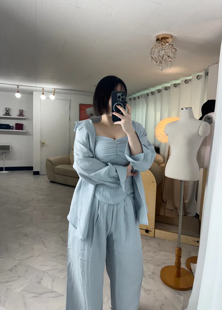 [체형커버/쓰리피스]오버핏 셔츠 스모크 밴딩 나시 와이드팬츠 쓰리피스 세트 상세 이미지 38