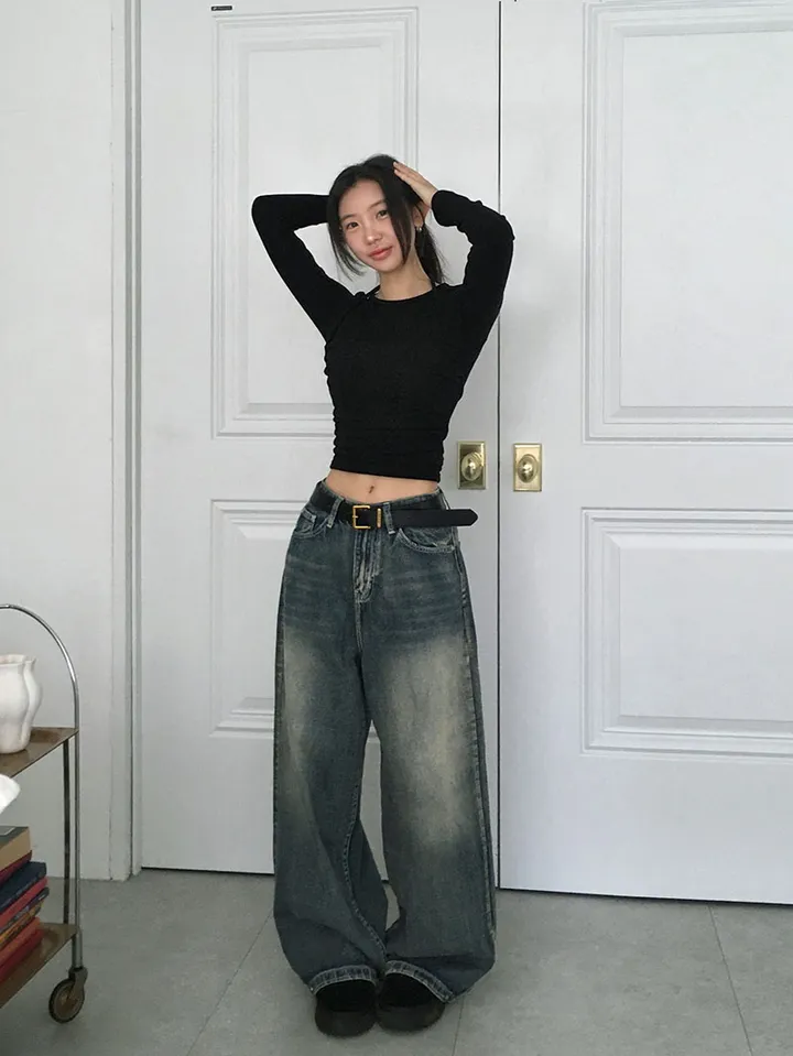 [숏,기본,롱/~XL/핏보장💙*밑단스냅단추 투웨이* 워싱 와이드데님] 헤이브밑단스냅와이드데님 상세 이미지 15