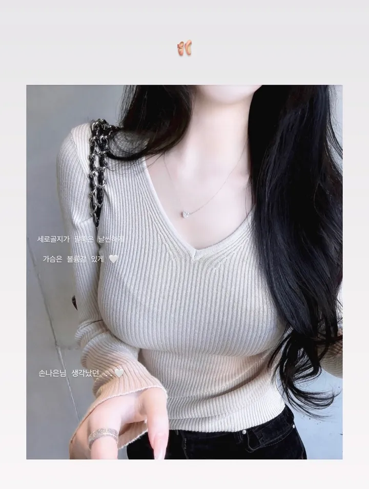 손나은니트🩷봄까지쭉*기획가 쫀득 골지 브이넥 / 부들부들* 여리여리 슬림핏 골지니트 브이넥니트 긴팔 겨울니트 봄옷 봄니트 봄  티 니트티 티셔츠 신상 상의 겨울상의 봄상의 상세 이미지 4