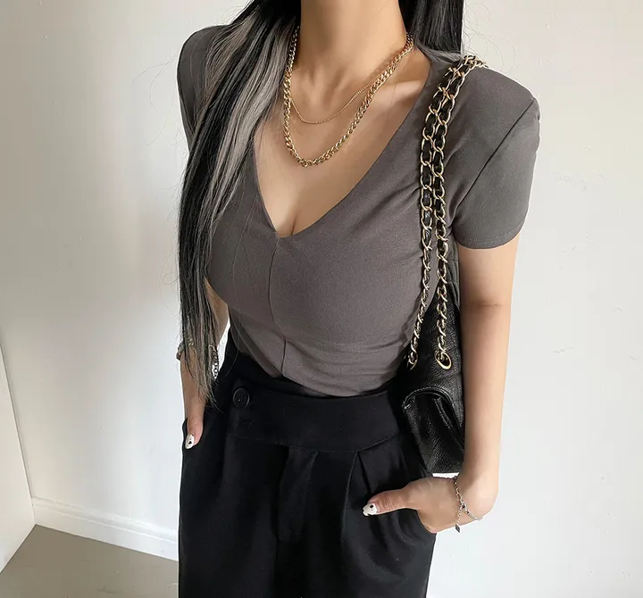패드 브이넥 스판 절개 슬림 티셔츠 상세 이미지 70