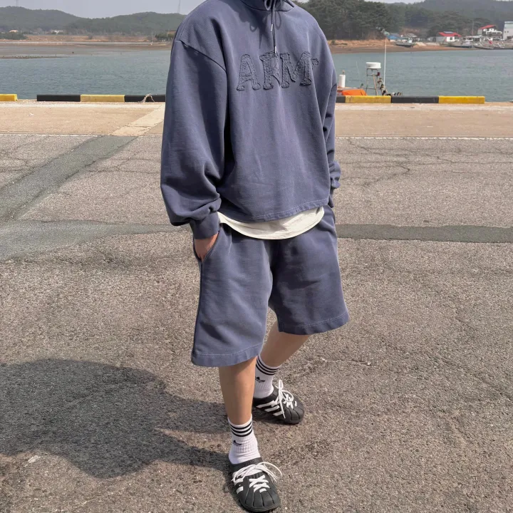 [세트가격🌠/남녀공용🧏‍♀️💕/도링룩단독💌] 피그먼트 아미 레터링 후드 밴딩 5부 반바지 커플 트레이닝세트 투피스 (3color) 상세 이미지 14
