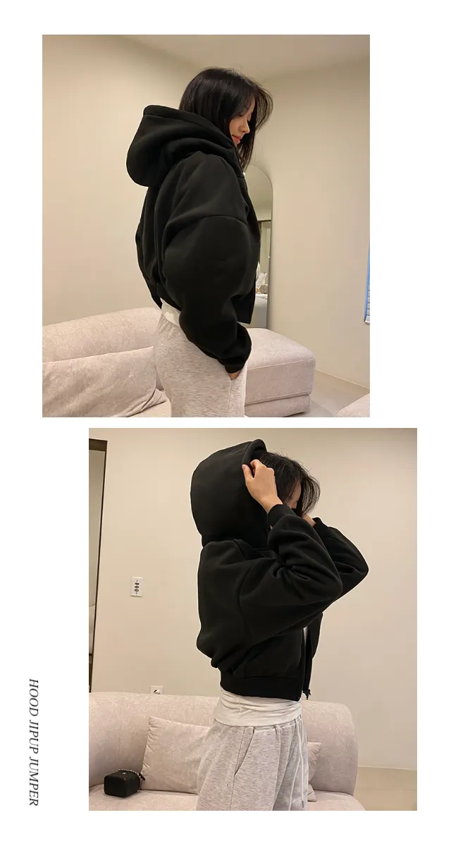 [주문폭주]언더립 기모 오버핏 크롭 투웨이 후드 숏 집업 점퍼(블랙/그레이/차콜) 상세 이미지 7