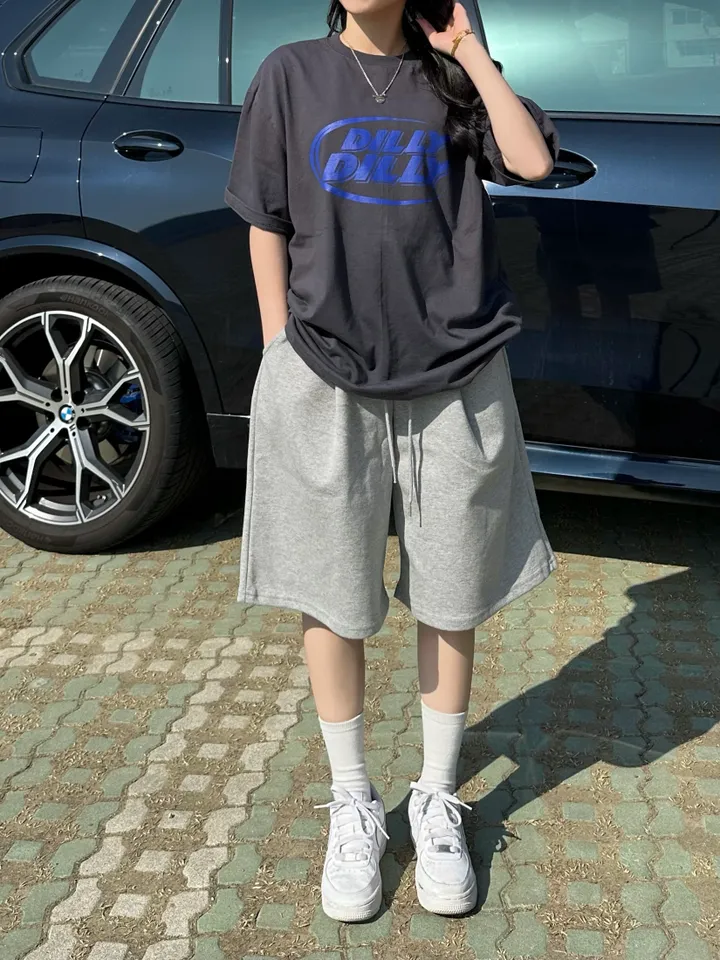 세트가능/ 남녀공용 오버핏 반팔 여름 커플룩 커플티 레터링 루즈핏 반팔 티셔츠 합포 핀턱 버뮤다 팬츠 밴딩 반바지 꾸안꾸 트레이닝 세트 커플 시밀러룩 빅사이즈 세트 스트릿 딜리 상세 이미지 43