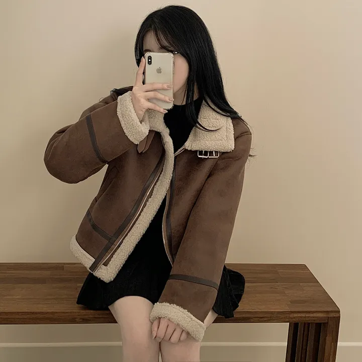 [양털안감/고퀄🤎] 스웨이드 크롭 버클 하이넥무스탕 퍼카라 뽀글이자켓 세무 점퍼 상세 이미지 17