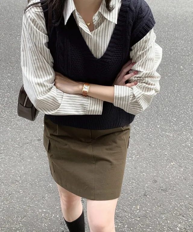 [3천장판매] 헤더 스트라이프 크롭 셔츠