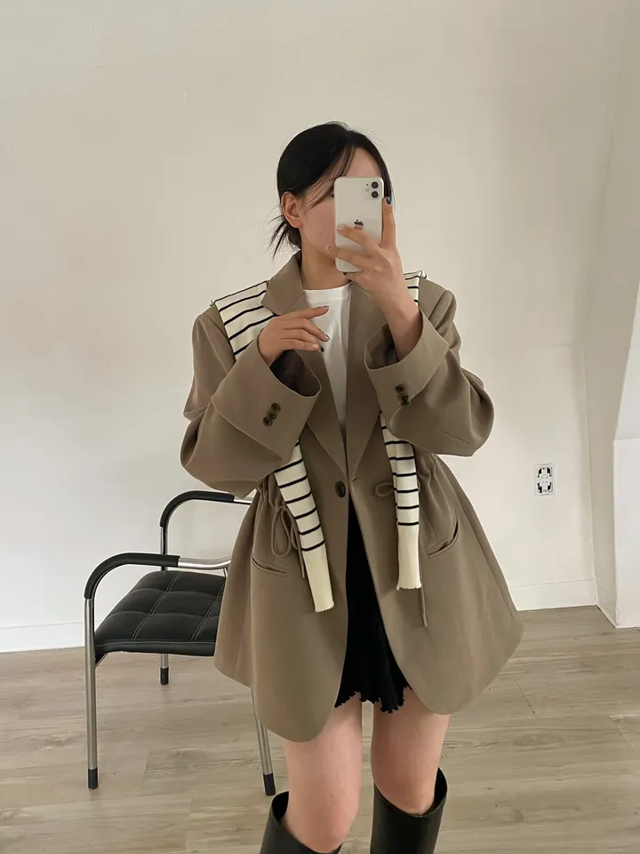 [25ss봄재진행🌷/44-99] 원버튼 오버핏 스트링 자켓 (3colors) / (대디자켓 박시자켓 빅사이즈자켓 봄자켓 허리스트링 패드자켓 오버자켓 보이핏자켓 ) 상세 이미지 8