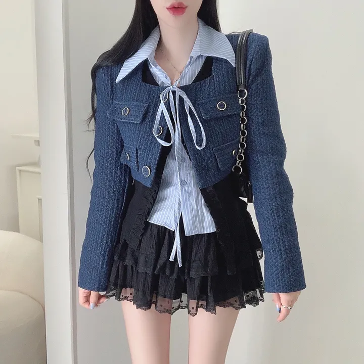 [3COLOR/셔츠일체형] 유닛 스트라이프 셔츠&프릴가디건 레이어드세트/버닝블루 상세 이미지 21