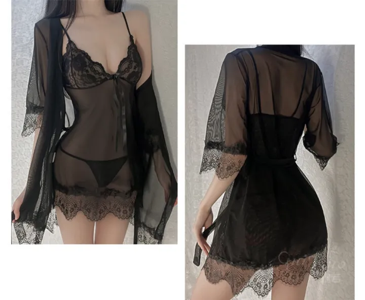 [3피스❤/로브+원피스+티팬티]메쉬 레이스 섹시 시스루 망사 이벤트 야한 속옷 란제리 슬립 원피스 잠옷 상세 이미지 6