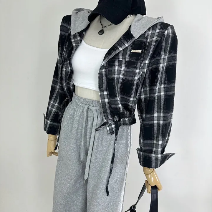 [패드내장/데일리/캐주얼/코디추천템] 크롭 체크 후드 배색 패치 스트링 셔츠 남방 상세 이미지 6