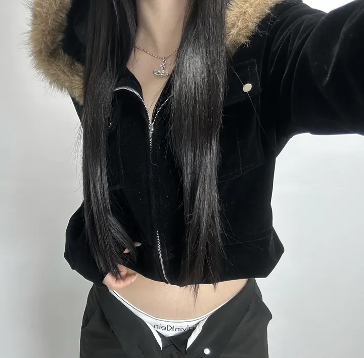 velvet fur hood  jacket- 벨벳 퍼 후드 자켓 2color (힙, 스트릿, 유니크, 크롭, y2k, 빈티지, 퍼, 집업, 후드집업) 상세 이미지 19