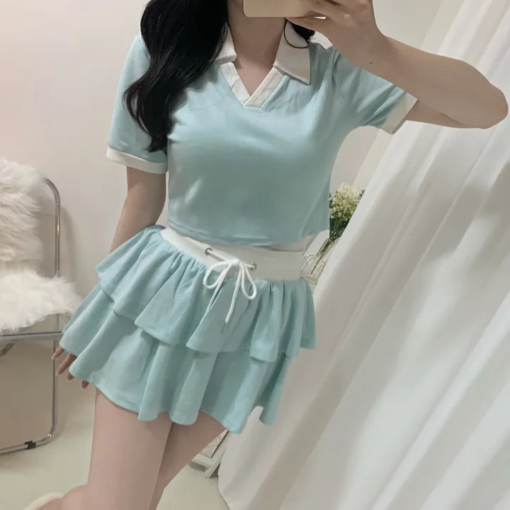 [세트가격/러블리💛] 플레인 배색 카라 크롭 반팔 + 밴딩 캉캉 치마바지 미니스커트 투피스 세트 4color 상세 이미지 20
