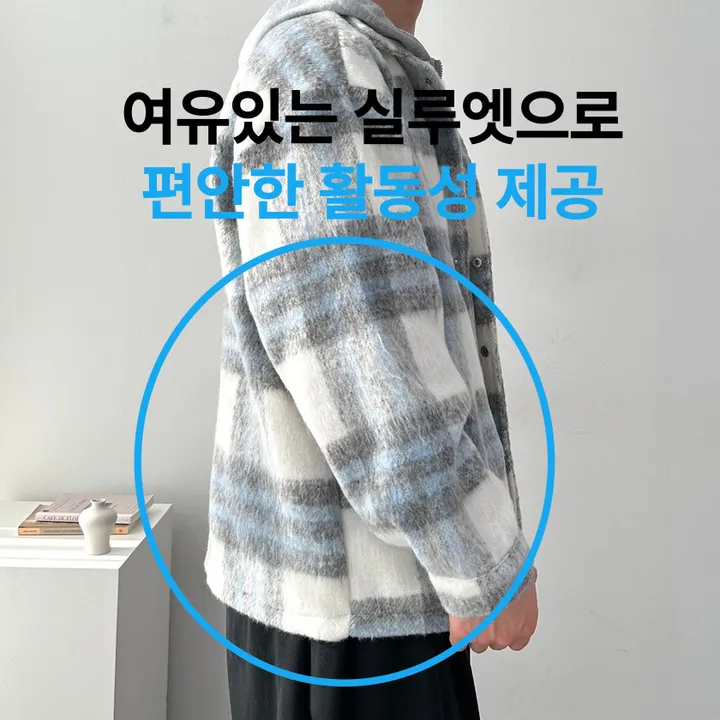 오버핏 체크 하프 코트 자켓 후드 레이어드 미니멀 빅사이즈 아우터 후드레이어드하프체크코트 상세 이미지 6