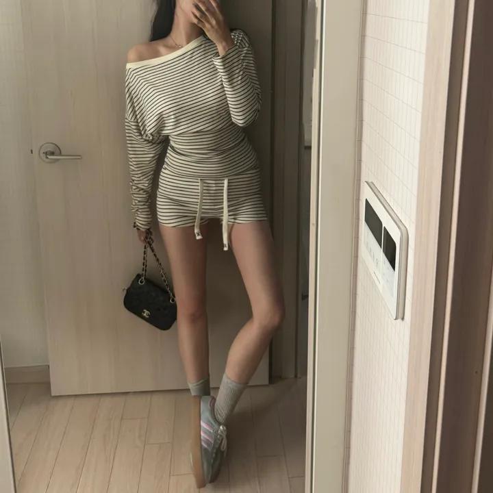 [투피스세트/여리핏] 단가라 스트라이프 투피스세트 오프숄더투피스 상세 이미지 10