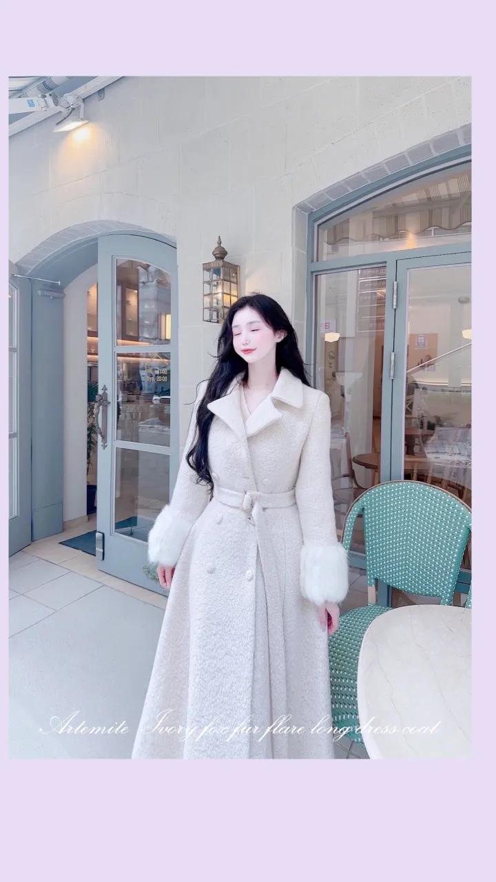 [빠른배송💗/신상기획할인💗] 아르떼미떼 아이보리 폭스 소매 페이크 퍼 벨트 플레어 롱 울 코트 (high quality - 아이보리 , 핑크 국내제작 고퀄리티 안감 누빔 겨울 한겨울 방한 아우터 연말룩 원피스 연말 파티룩 페이크퍼 에코퍼 드뮤어룩 드뮤어) 상세 이미지 1