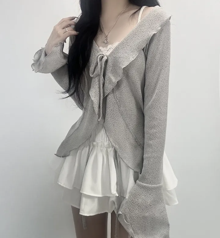 ruffle ribbon lace cardigan 러플 리본 레이스 가디건 (봄가디건, 러블리, 프릴, 니트가디건, 슬림핏, 여리여리) 상세 이미지 16