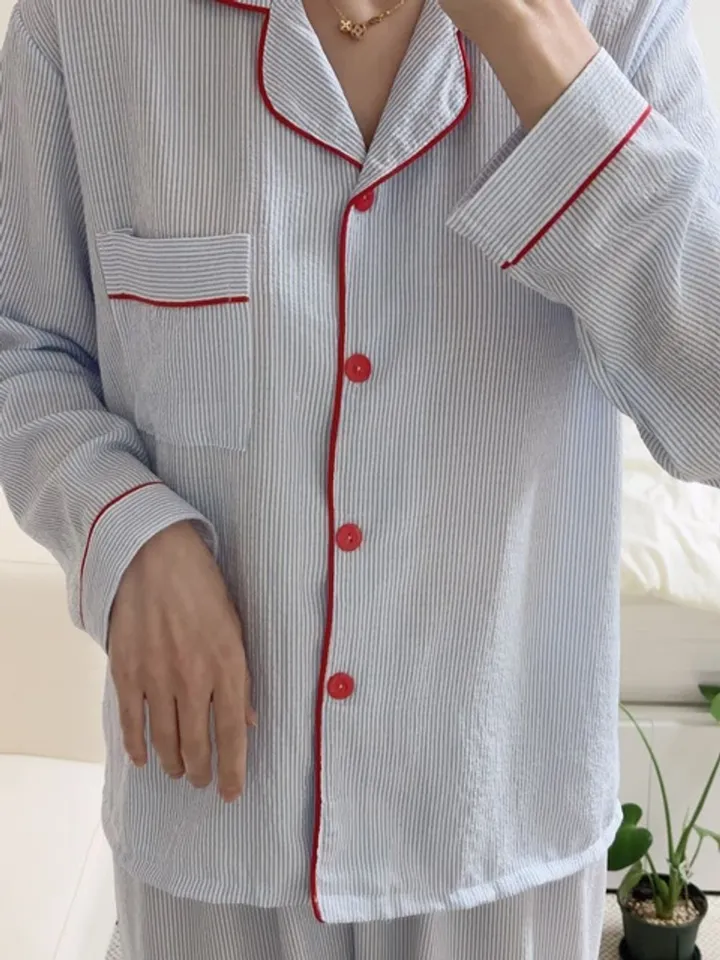 [💙긴팔잠옷set/심플💙]지지미면 잔스트라이프 3타입 컬러배색 잠옷세트 단가라 카라넥 시원한 봄여름가을 사계절 러블리 파자마파티 홈웨어세트 상세 이미지 42