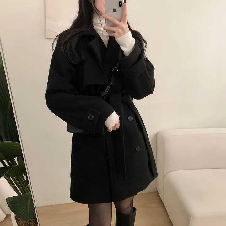 [누빔안감, 하객룩추천] 차분한무드 허리잘록 더블버튼 트렌치 하프 코트 상세 이미지 59