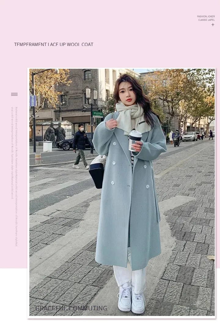 파스텔 더블 버튼 빅카라 테일러드 벨트 모직 롱 코트 상세 이미지 2