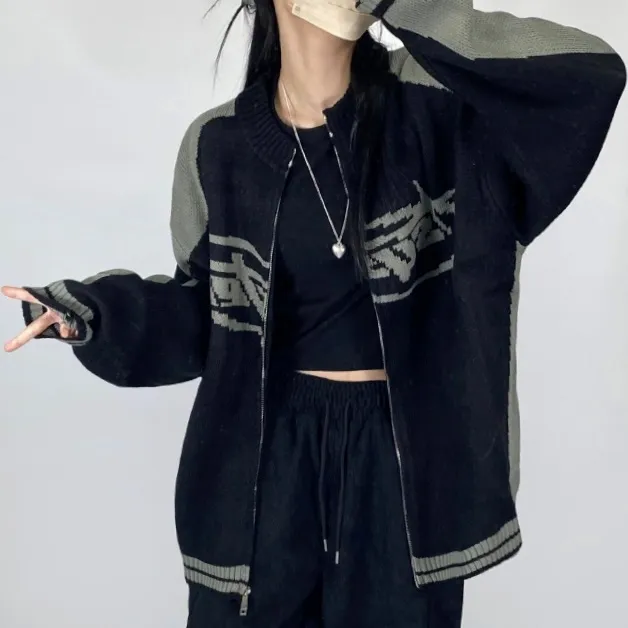[~3XL] 빈티지 힙무드 박시니트집업💝 배색 나그랑 스트릿/투웨이 남녀공용 커플 빅사이즈 [4070] 상세 이미지 9