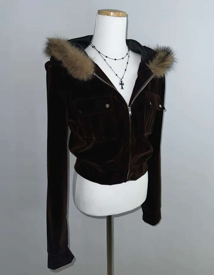velvet fur hood  jacket- 벨벳 퍼 후드 자켓 2color (힙, 스트릿, 유니크, 크롭, y2k, 빈티지, 퍼, 집업, 후드집업) 상세 이미지 32