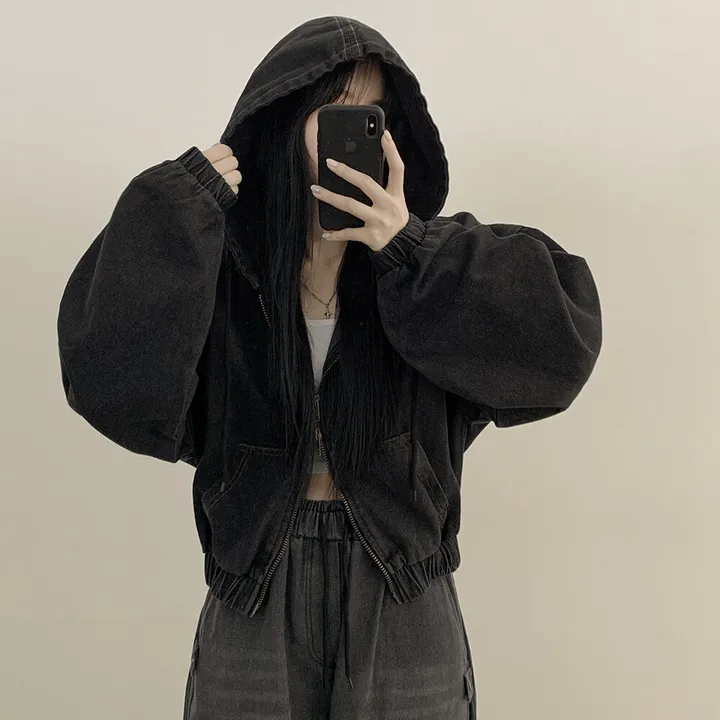 [왕박시/아방핏✨] 데님 빅후드 투웨이 청자켓 후드집업 숏점퍼 연청 흑청 개강룩 캠퍼스룩 빅사이즈 상세 이미지 16
