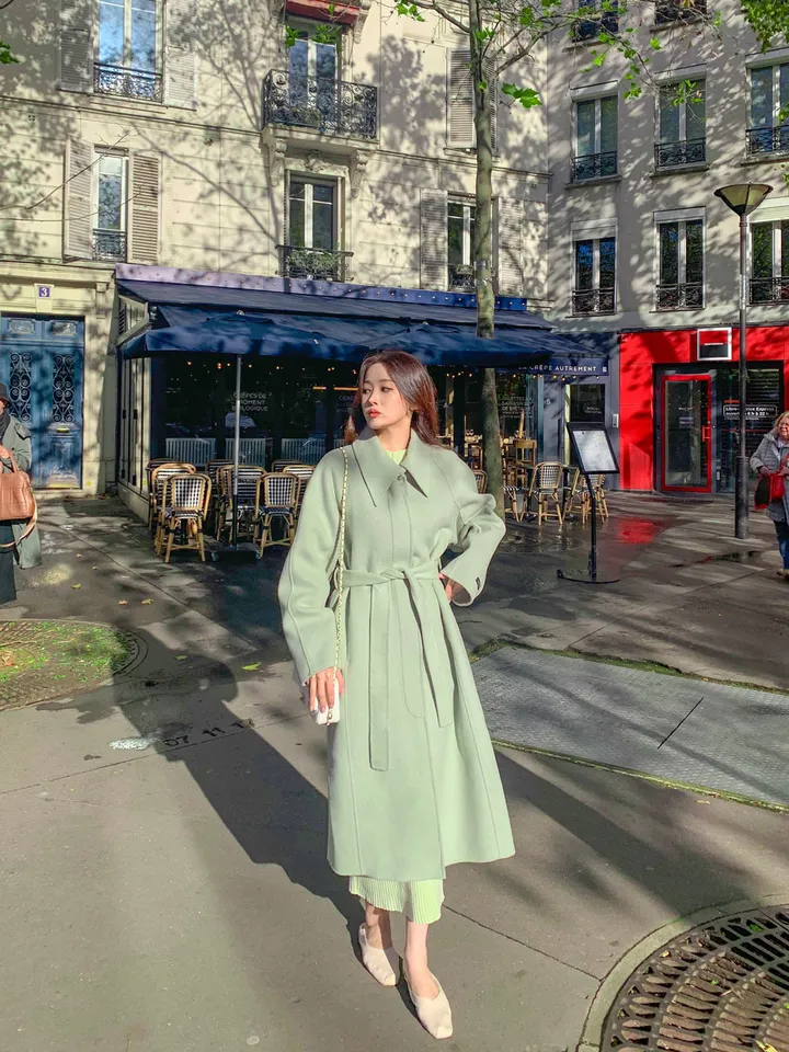 [메리노울100%🤎handmade] 백화점퀄 wool 핸드메이드 롱 울 코트 카라 로브 모직 루즈핏 벨트 싱글 히든버튼 트임 겨울 아우터 네이비 베이지 민트 3col 상세 이미지 13
